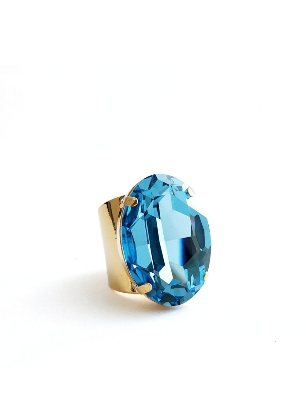 Aquamarine Austrian Crystal Statement Ring - Gold - Adjustable - Picture 4 of 5